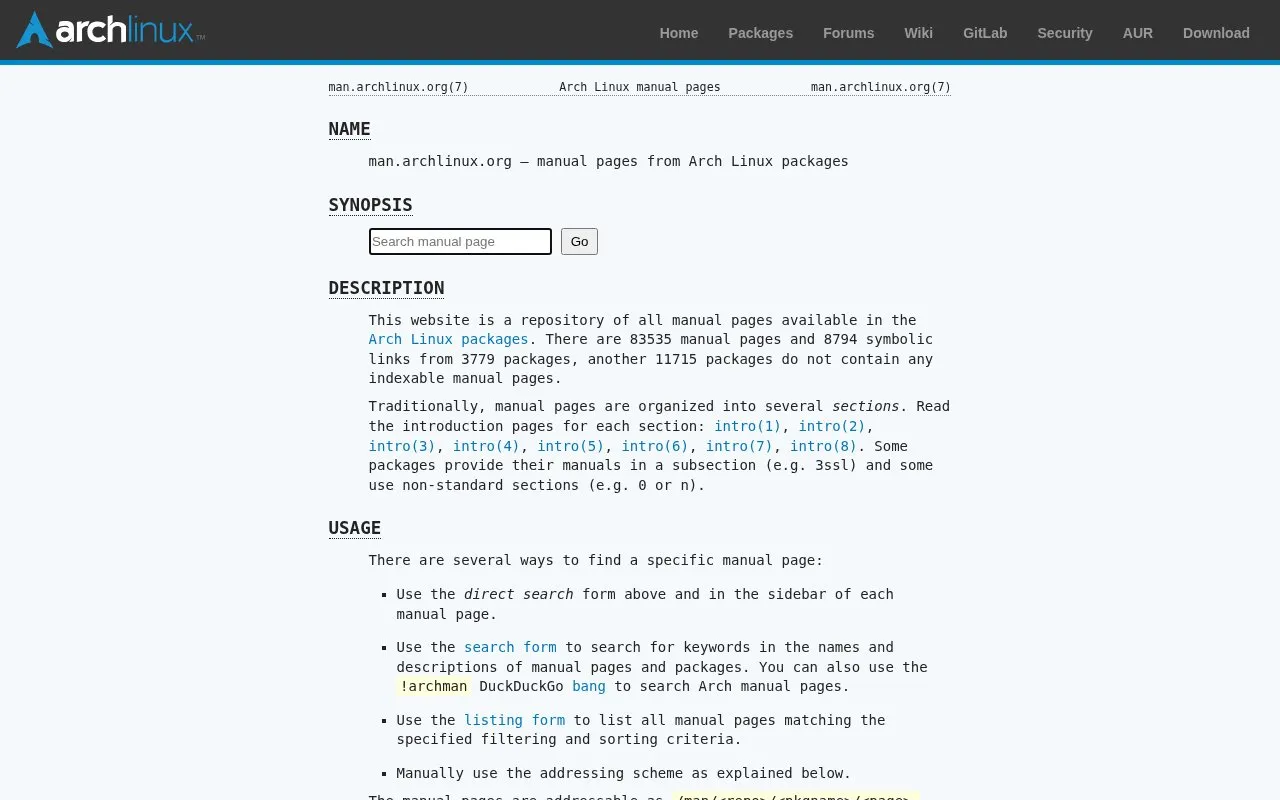 Manuals homepage screenshot