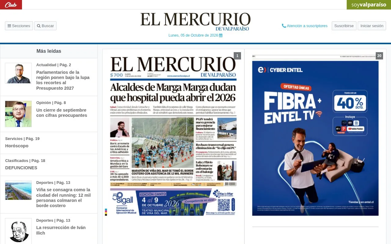 El Mercurio de Valparaíso homepage screenshot