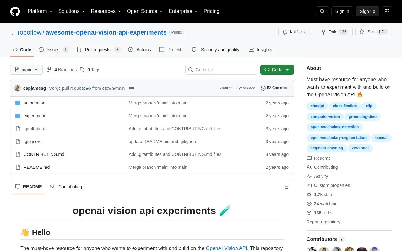 roboflow/awesome-openai-vision-api-experiments homepage screenshot