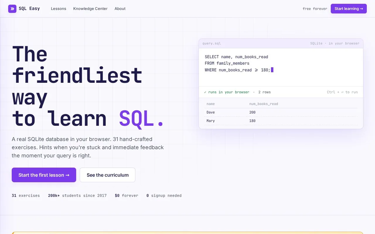 SQL Easy homepage screenshot