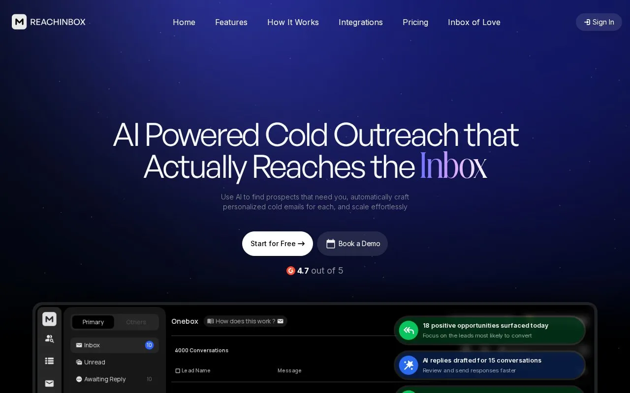 ReachInbox homepage screenshot