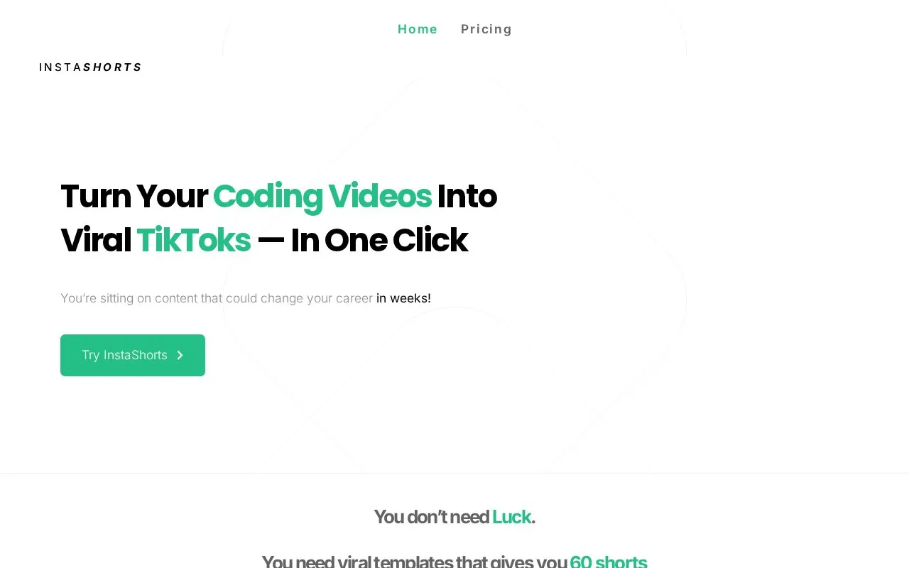 InstaShorts homepage screenshot