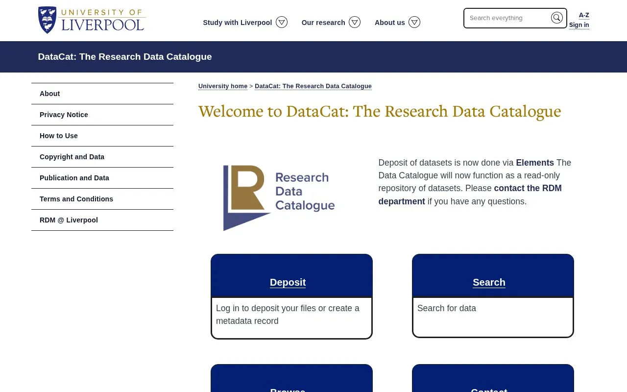 University of Liverpool Research Data Catalogue homepage screenshot