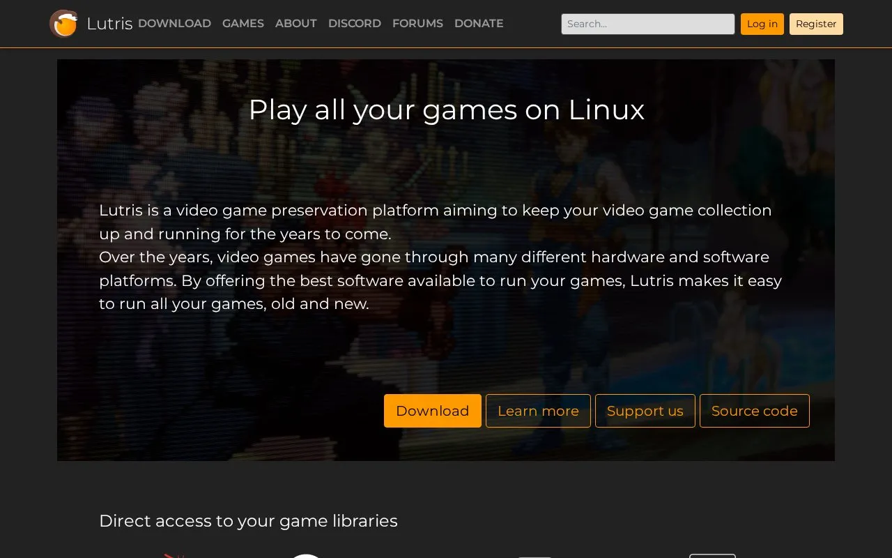 Lutris homepage screenshot