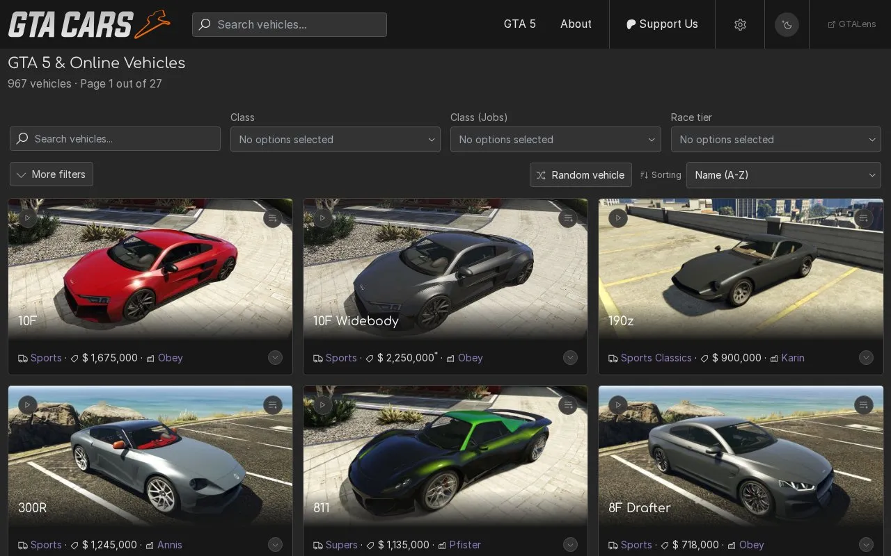 GTA Cars homepage screenshot