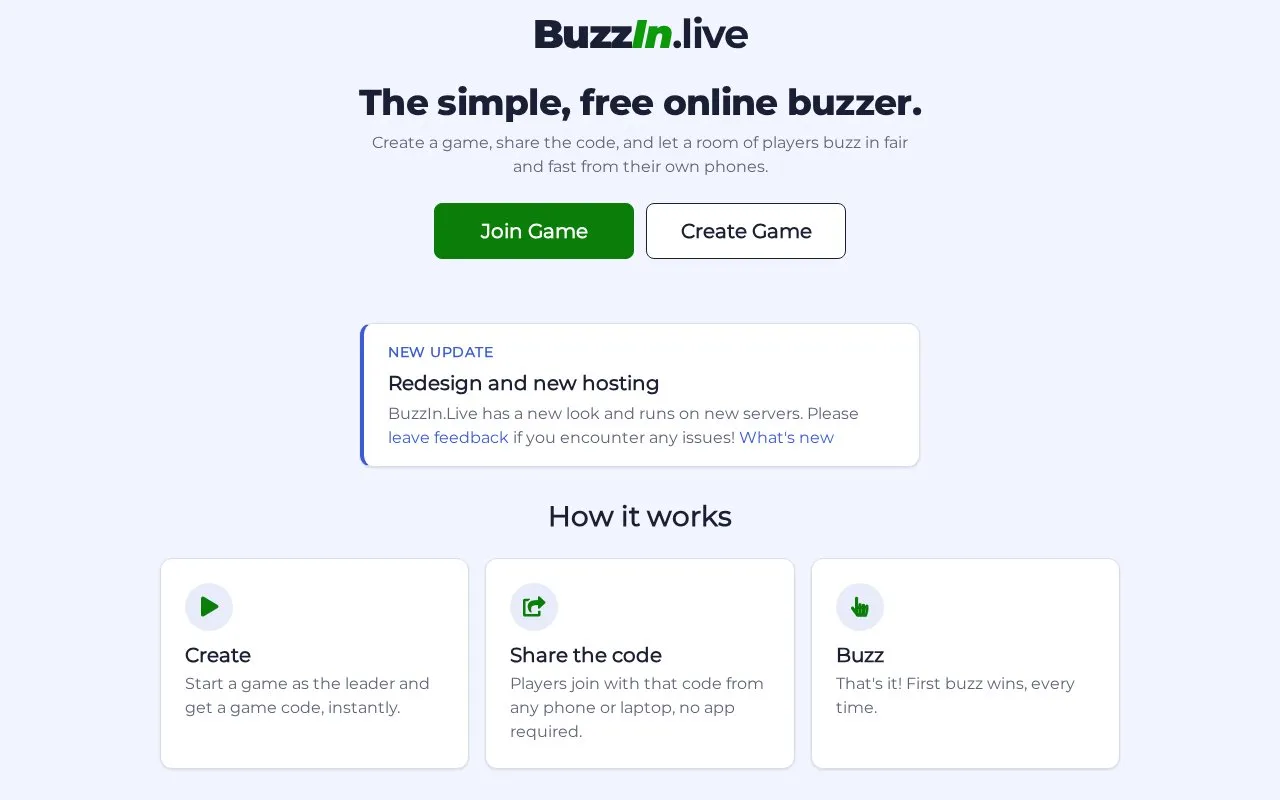 Buzz In homepage screenshot