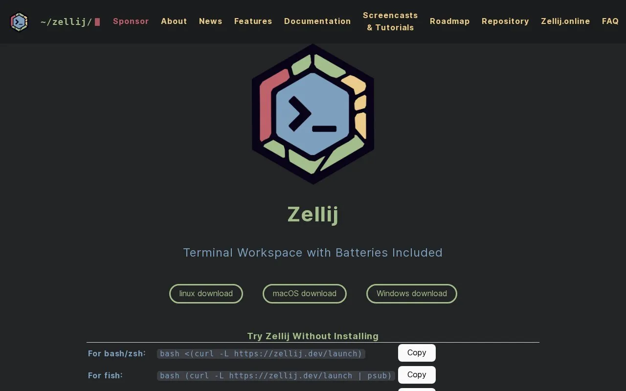 Zellij homepage screenshot