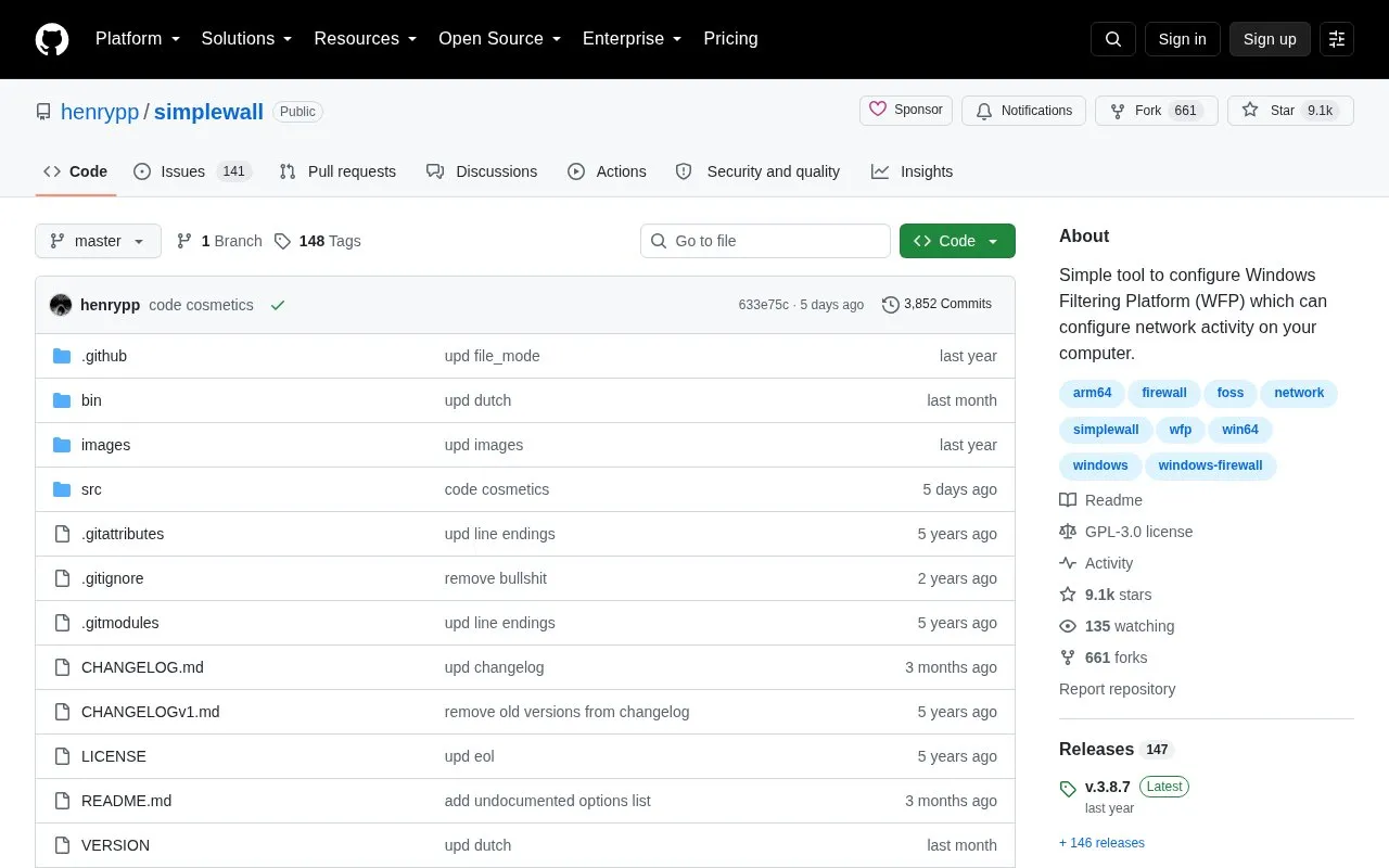 Simplewall homepage screenshot