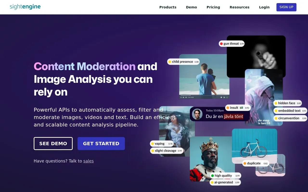 Sightengine homepage screenshot