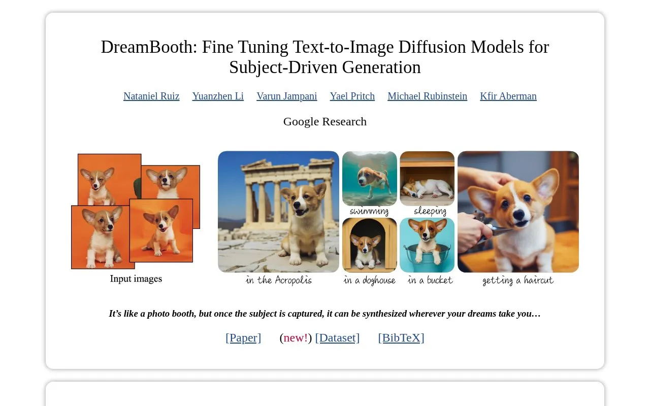DreamBooth homepage screenshot