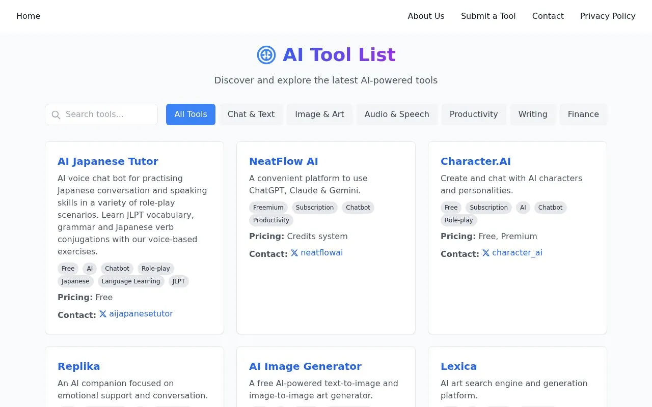 AI Tool List homepage screenshot