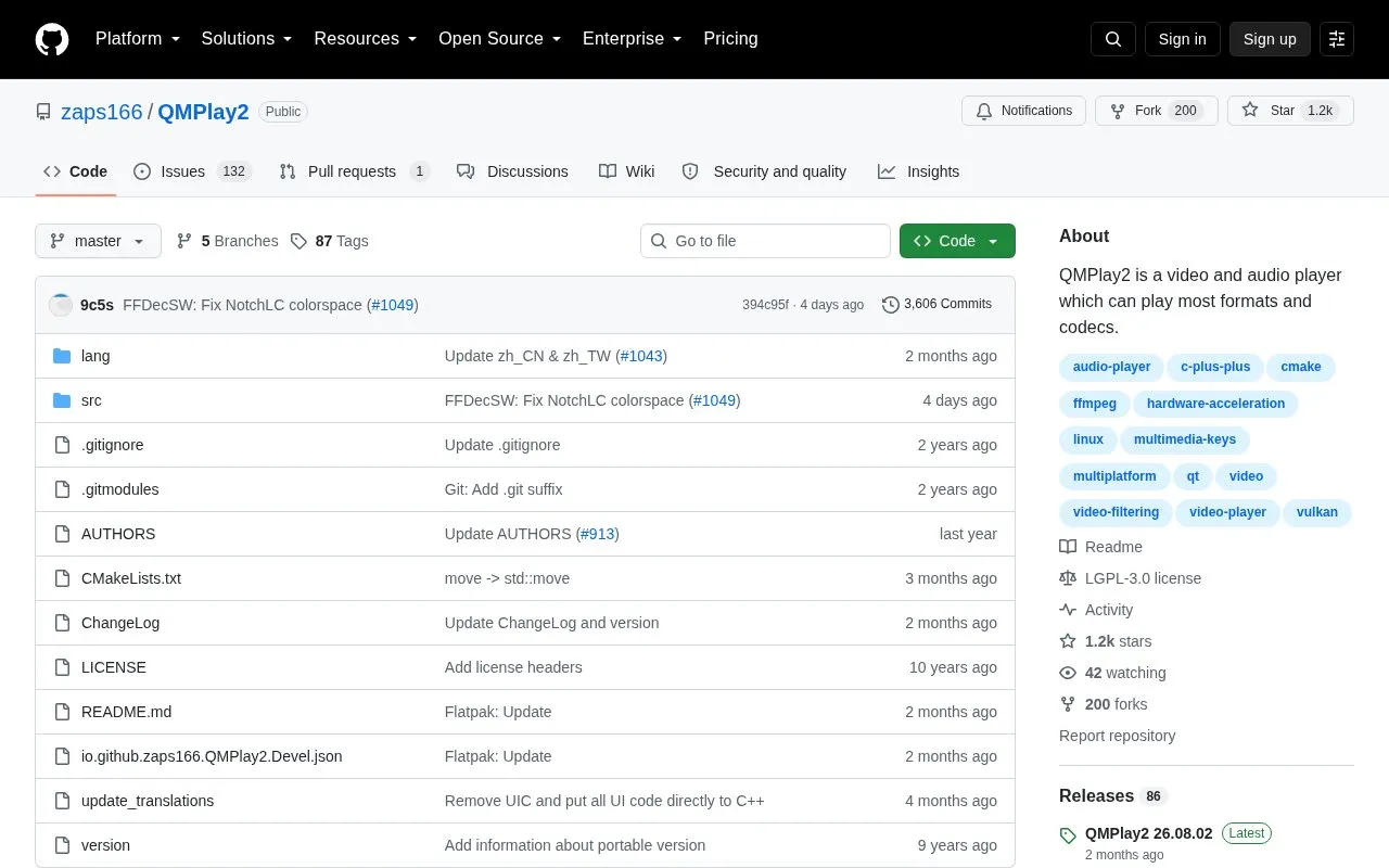 QMPlay2 homepage screenshot