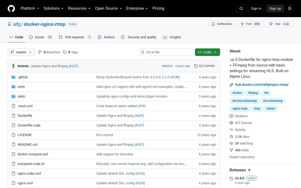 docker-nginx-rtmp homepage screenshot