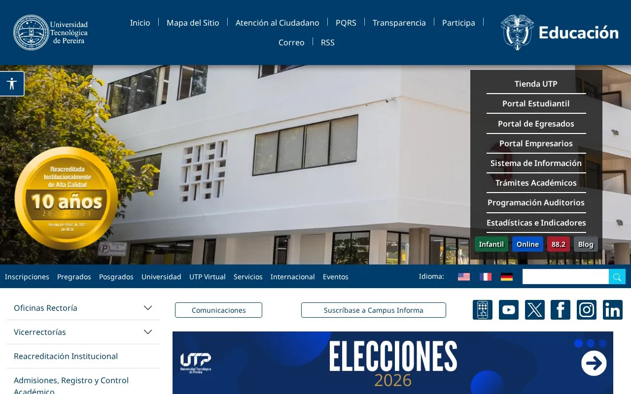 Universidad Tecnologica de Pereira homepage screenshot