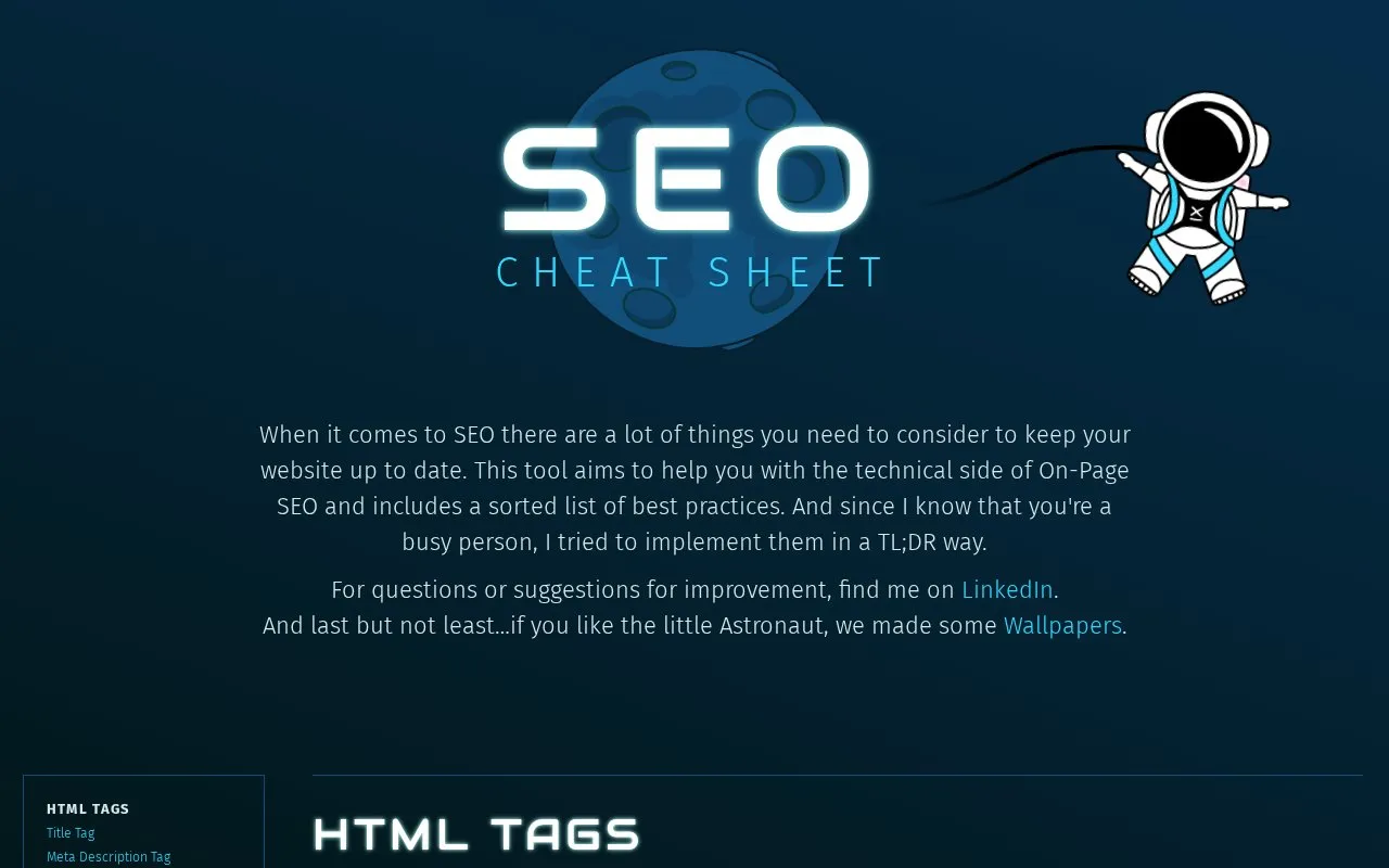 SEO Cheat Sheet homepage screenshot