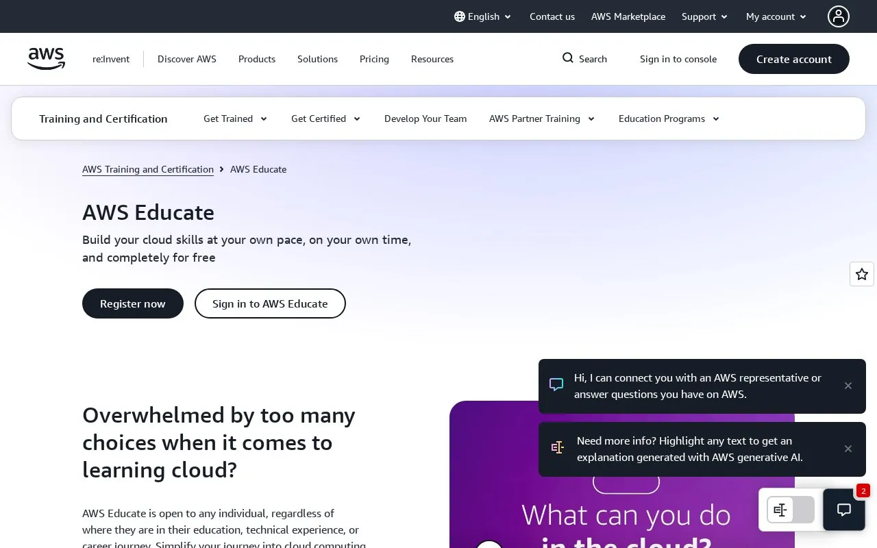 AWS Educate homepage screenshot
