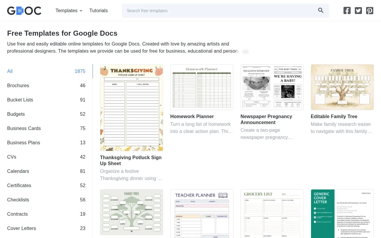 Templates homepage screenshot