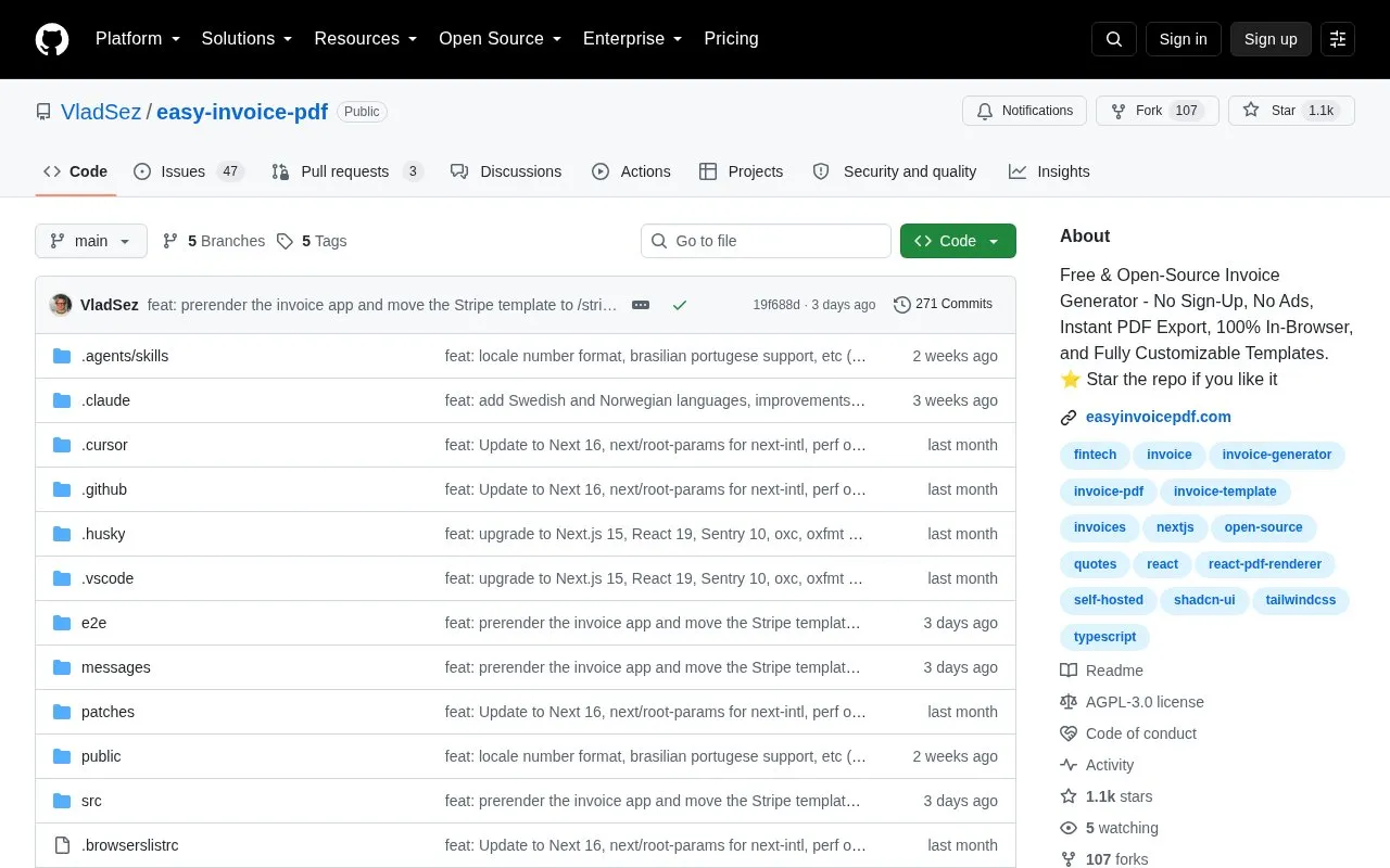 Easy Invoice PDF homepage screenshot