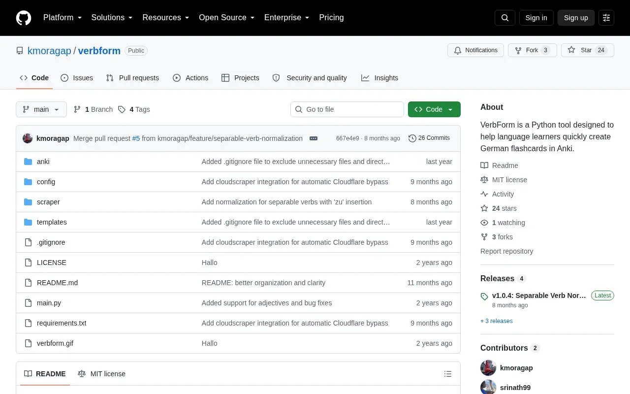 VerbForm homepage screenshot