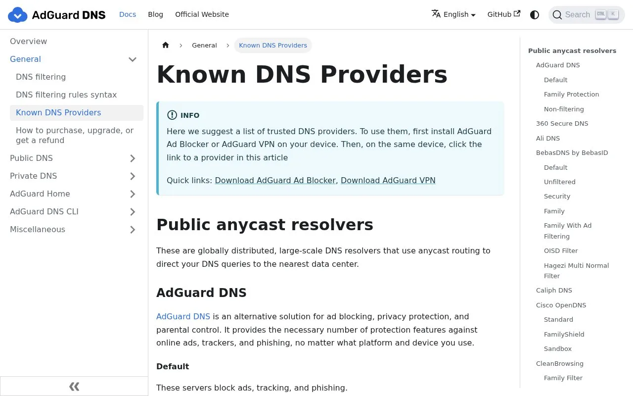 DNS Providers homepage screenshot