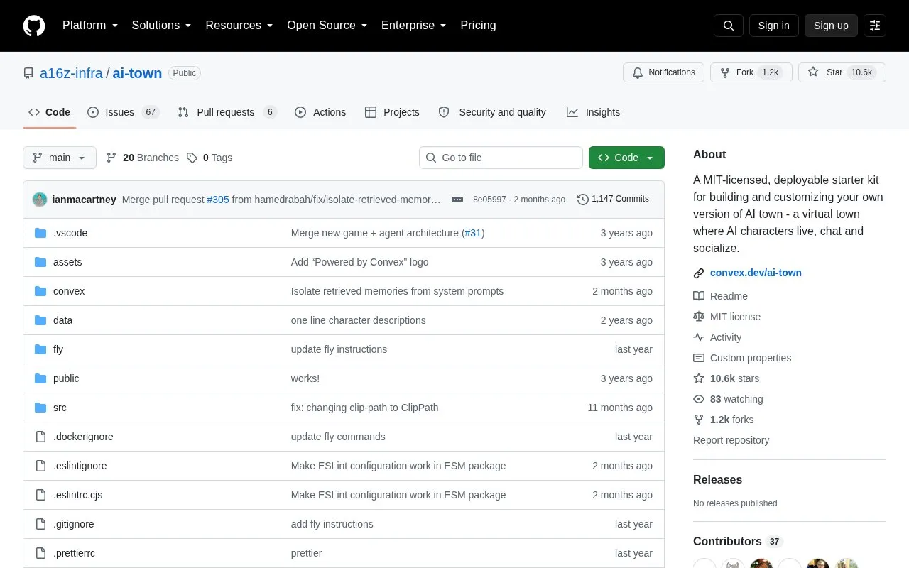 a16z-infra/ai-town homepage screenshot