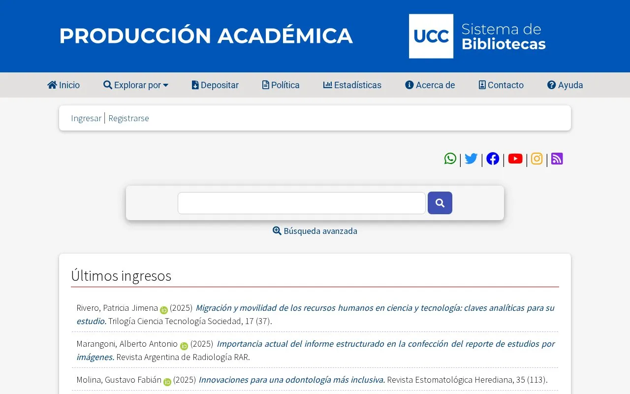 Producción Académica UCC homepage screenshot