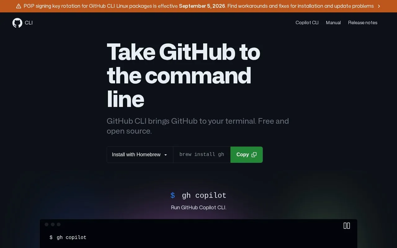 GitHub CLI homepage screenshot