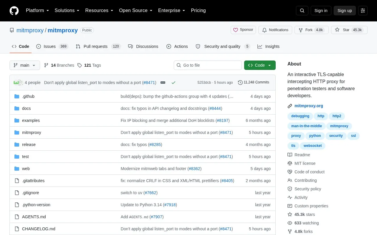 Mitmproxy homepage screenshot