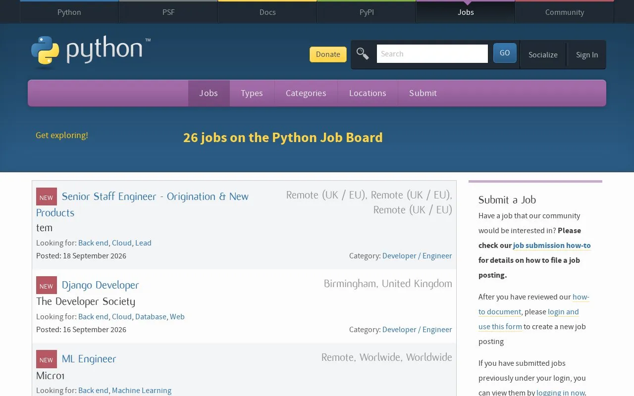 Python Job Board homepage screenshot