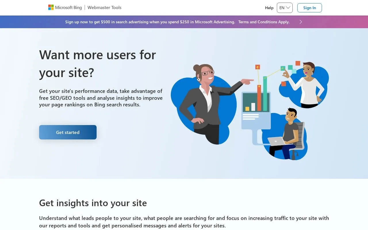 Bing Webmaster Tools homepage screenshot