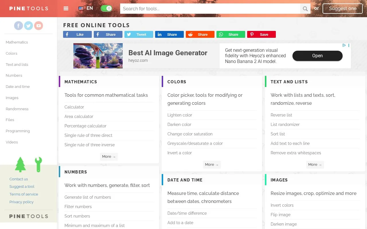 PineTools homepage screenshot