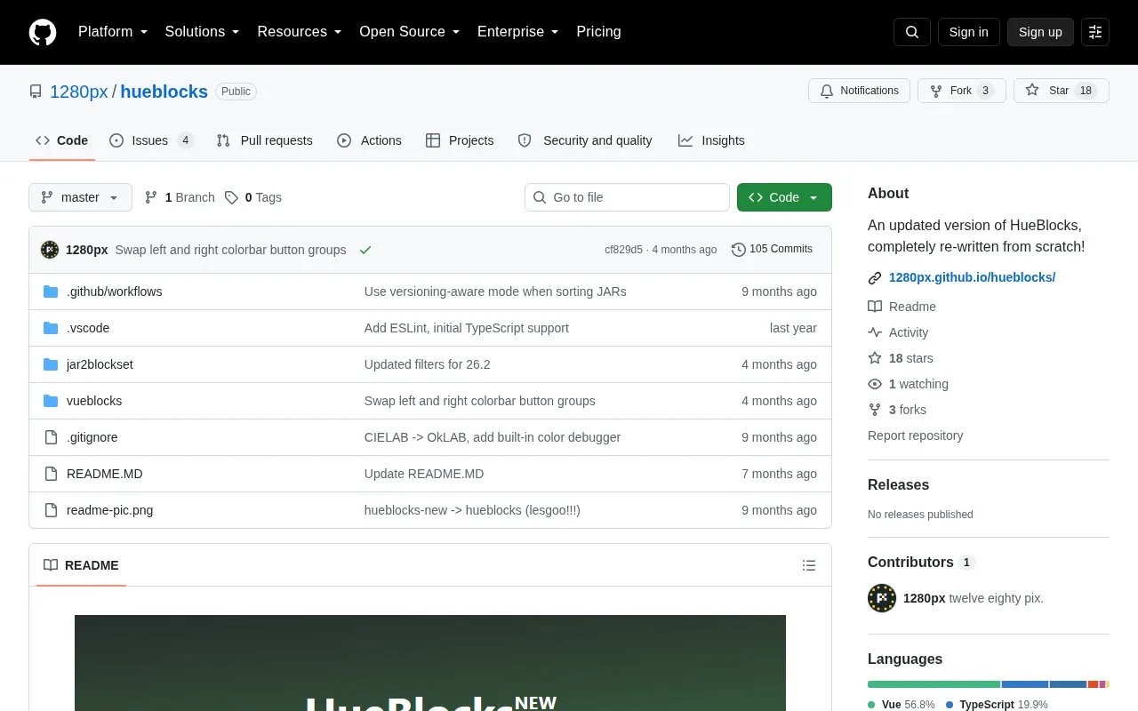 Hueblocks homepage screenshot