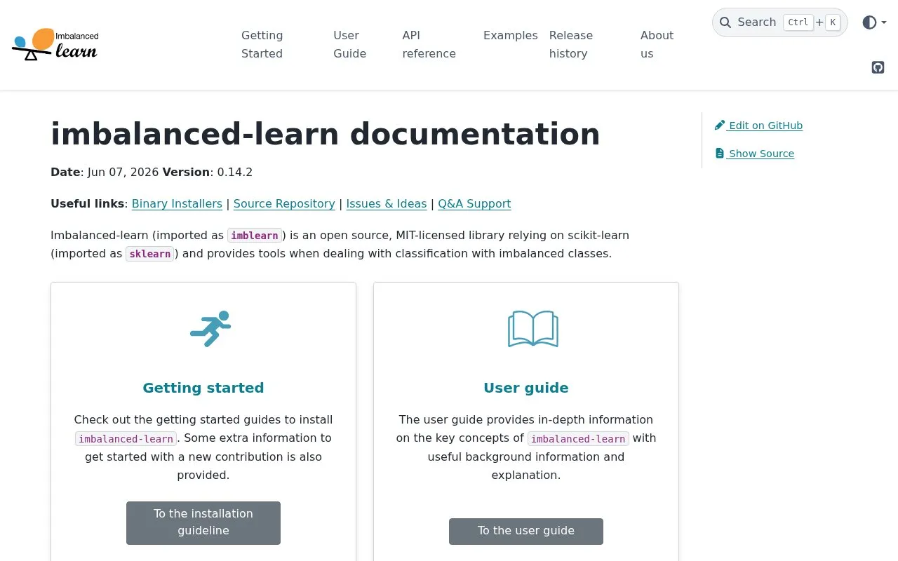 imbalanced-learn homepage screenshot