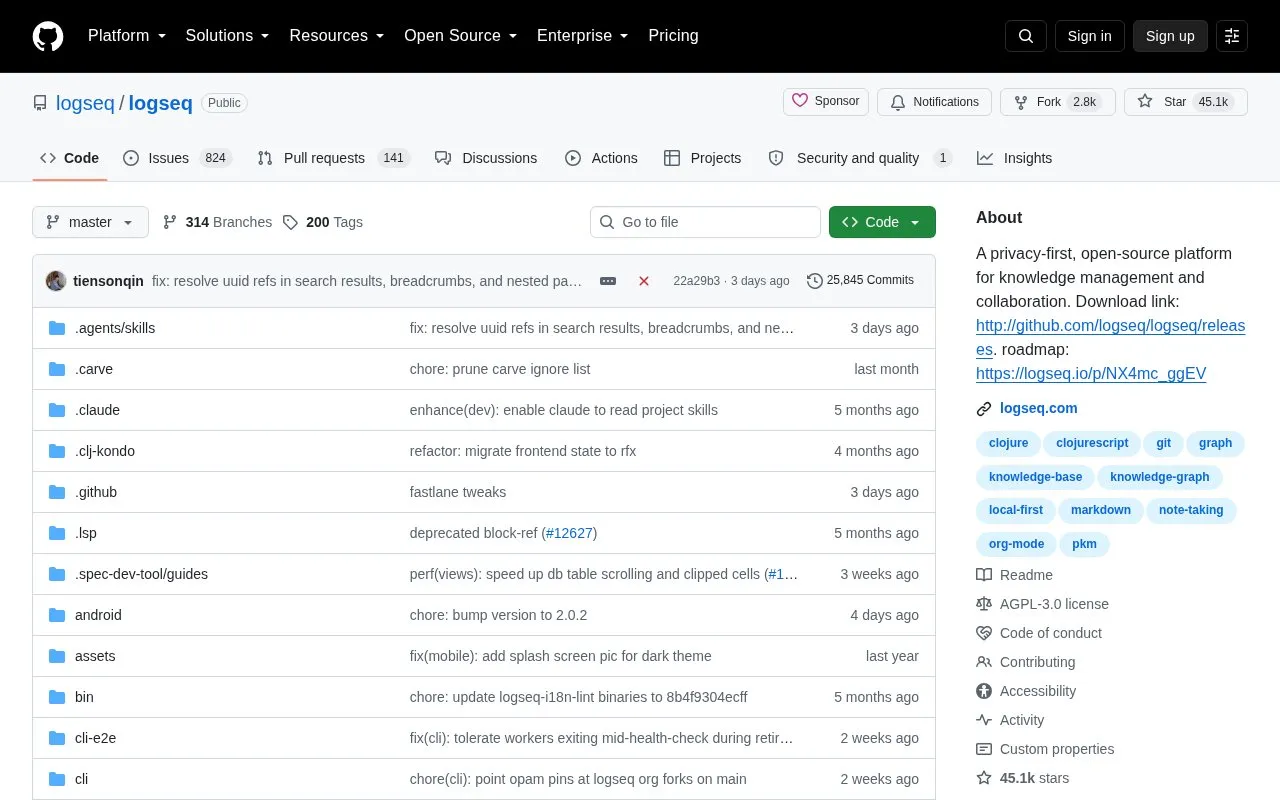 Logseq homepage screenshot