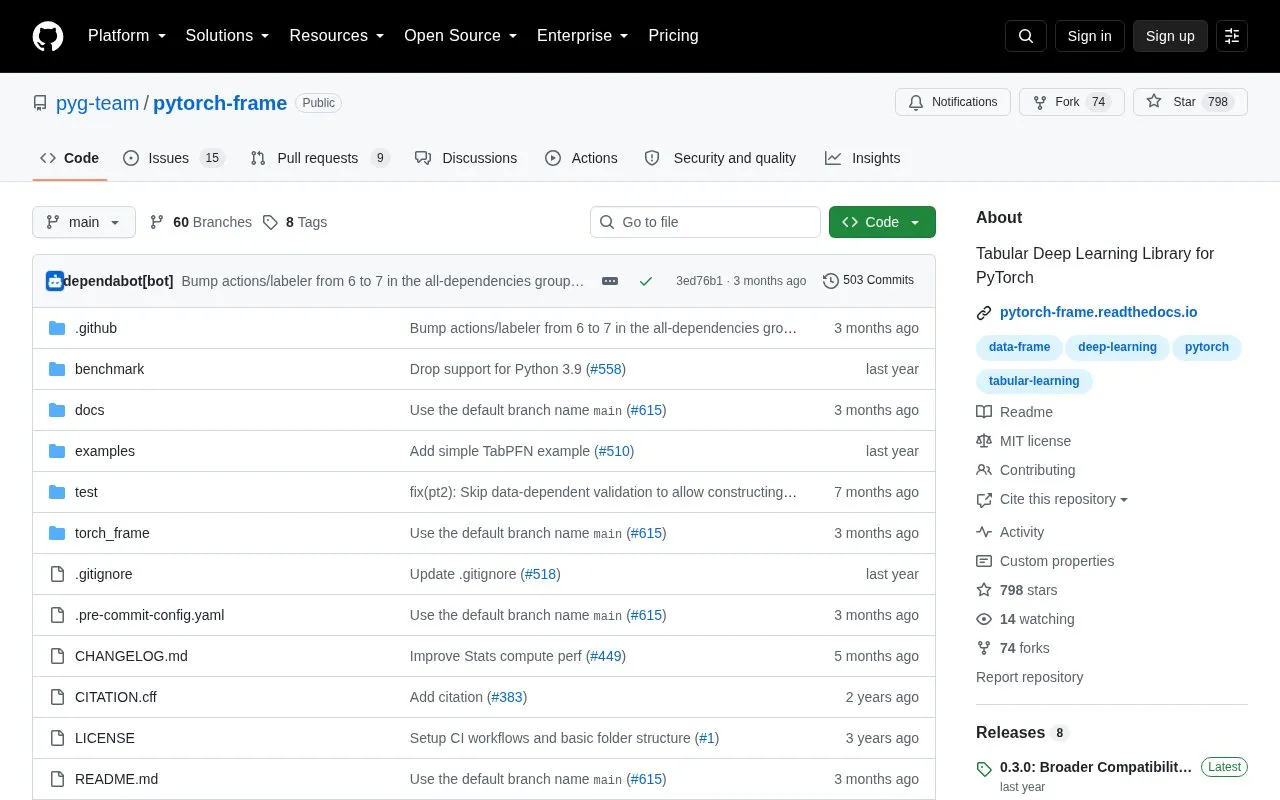 PyTorch Frame homepage screenshot