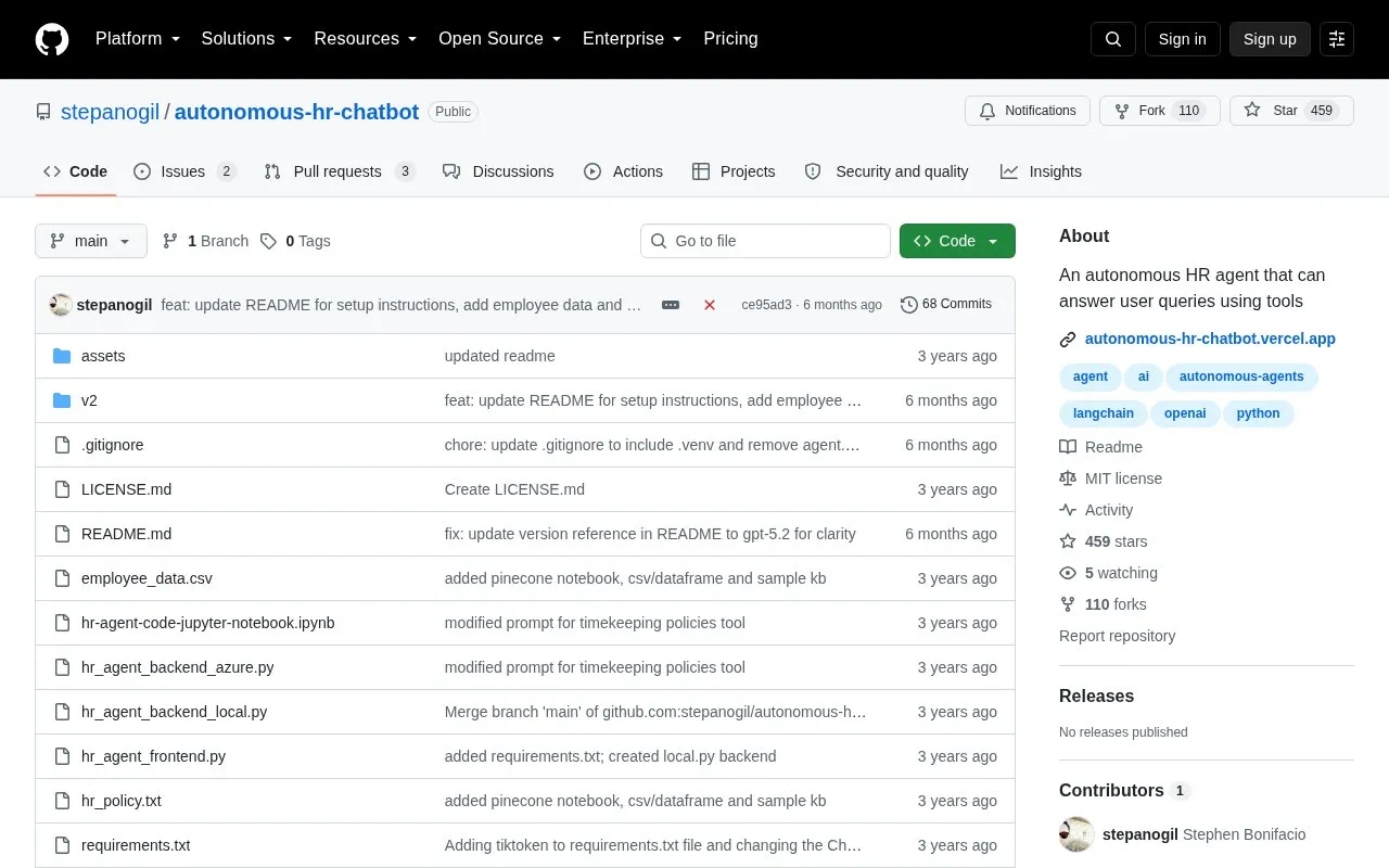 Autonomous HR Chatbot homepage screenshot