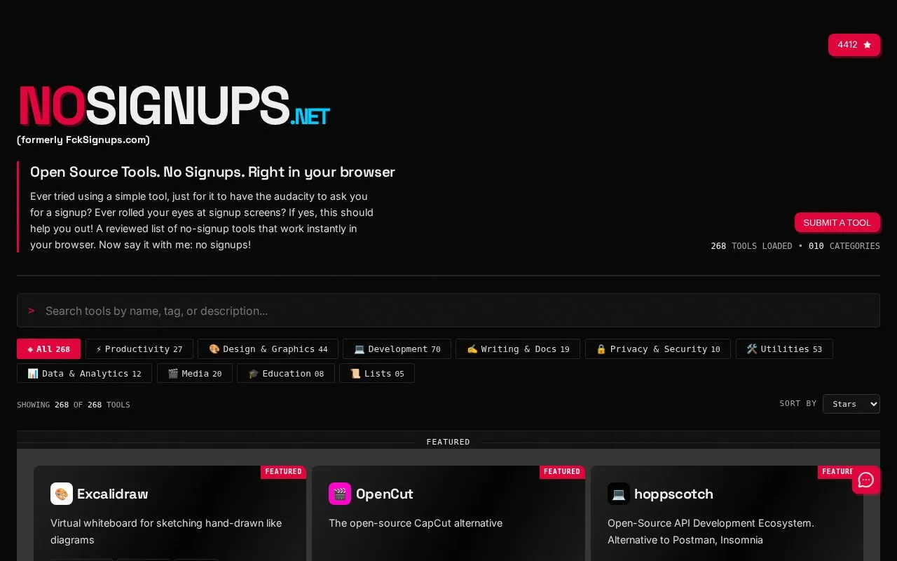 NoSignups homepage screenshot