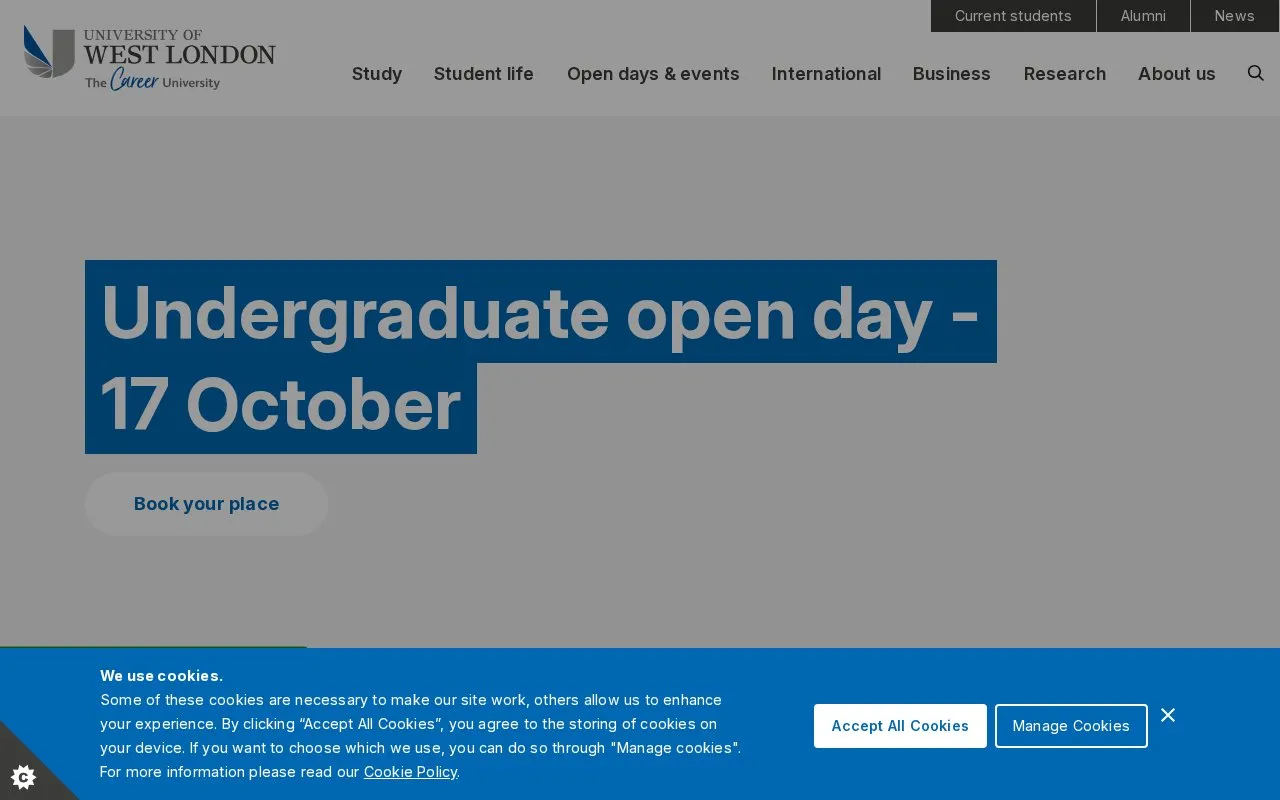 University of West London homepage screenshot