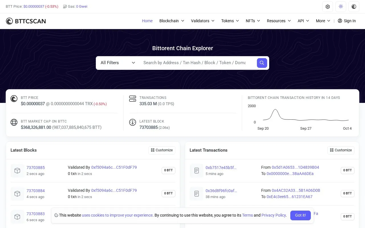 BitTorrent Chain Mainnet — BitTorrent Chain Explorer homepage screenshot