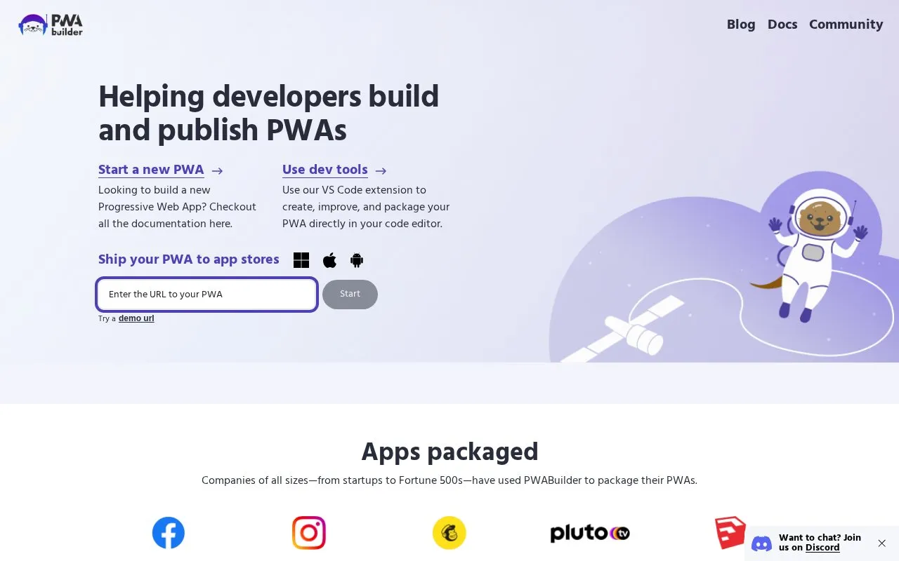 PWABuilder homepage screenshot