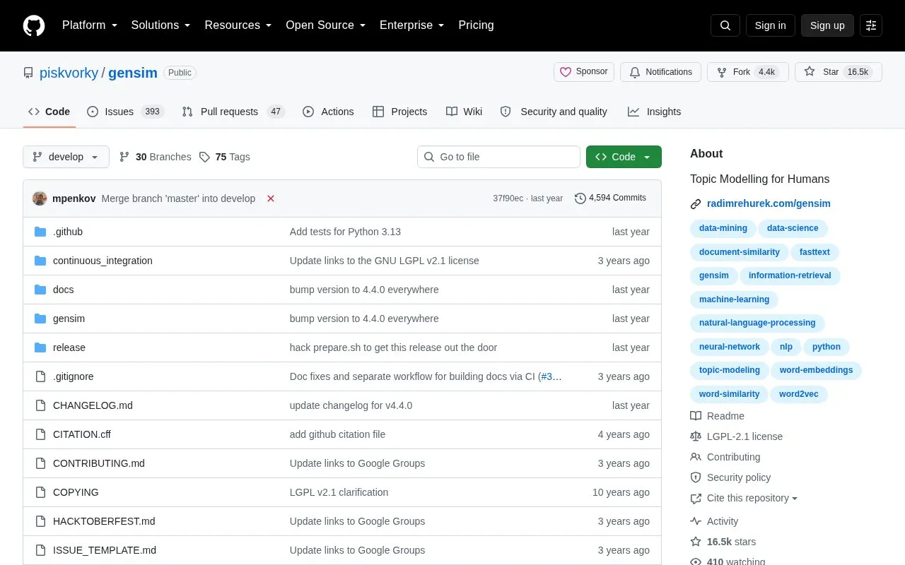 gensim homepage screenshot