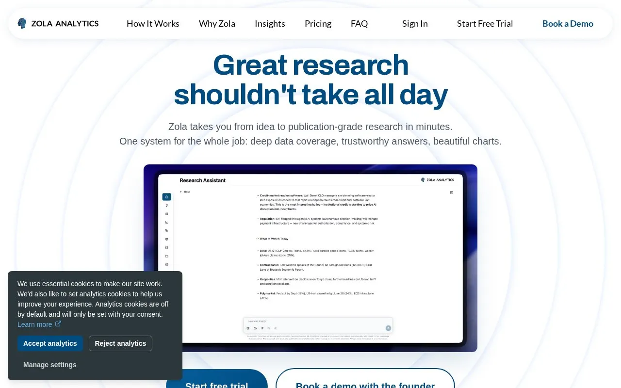 Zola Analytics homepage screenshot
