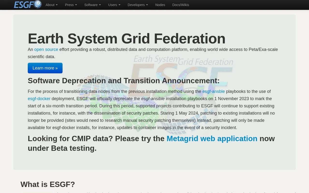 Earth System Grid Federation homepage screenshot