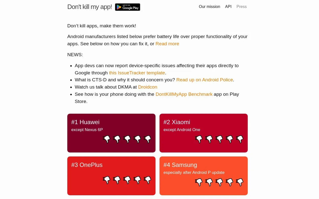 Don’t kill my app! homepage screenshot