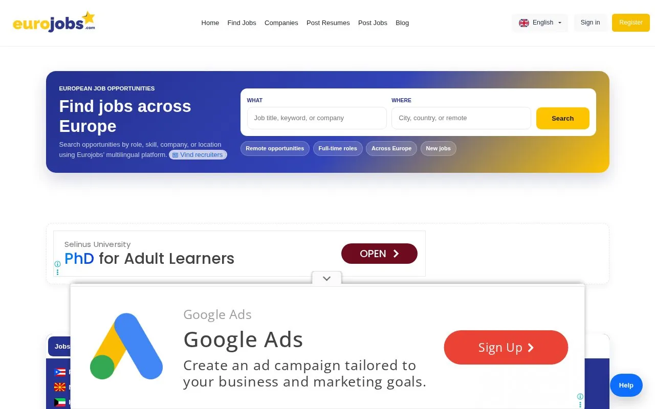 EuroJobs homepage screenshot