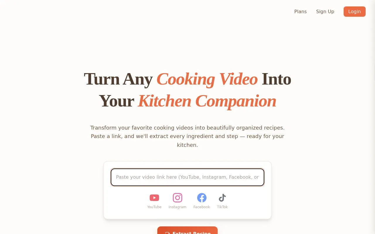 Video2Recipe homepage screenshot