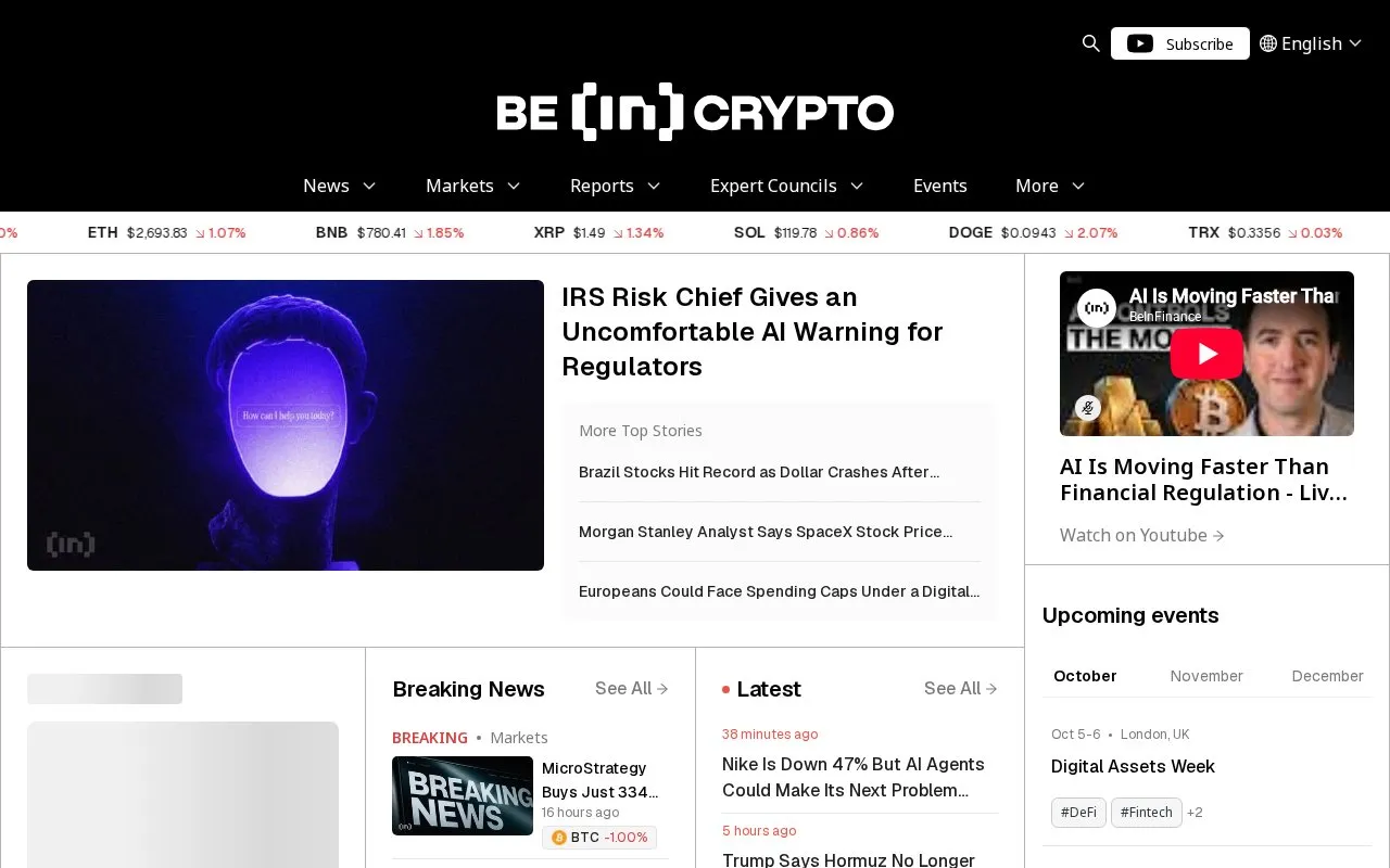BeInCrypto homepage screenshot