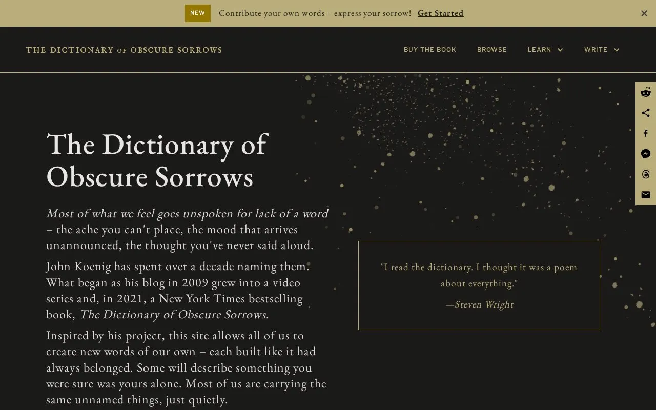 The Dictionary of Obscure Sorrows homepage screenshot
