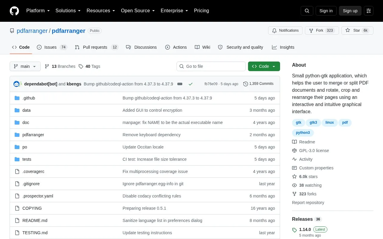 PDF Arranger homepage screenshot