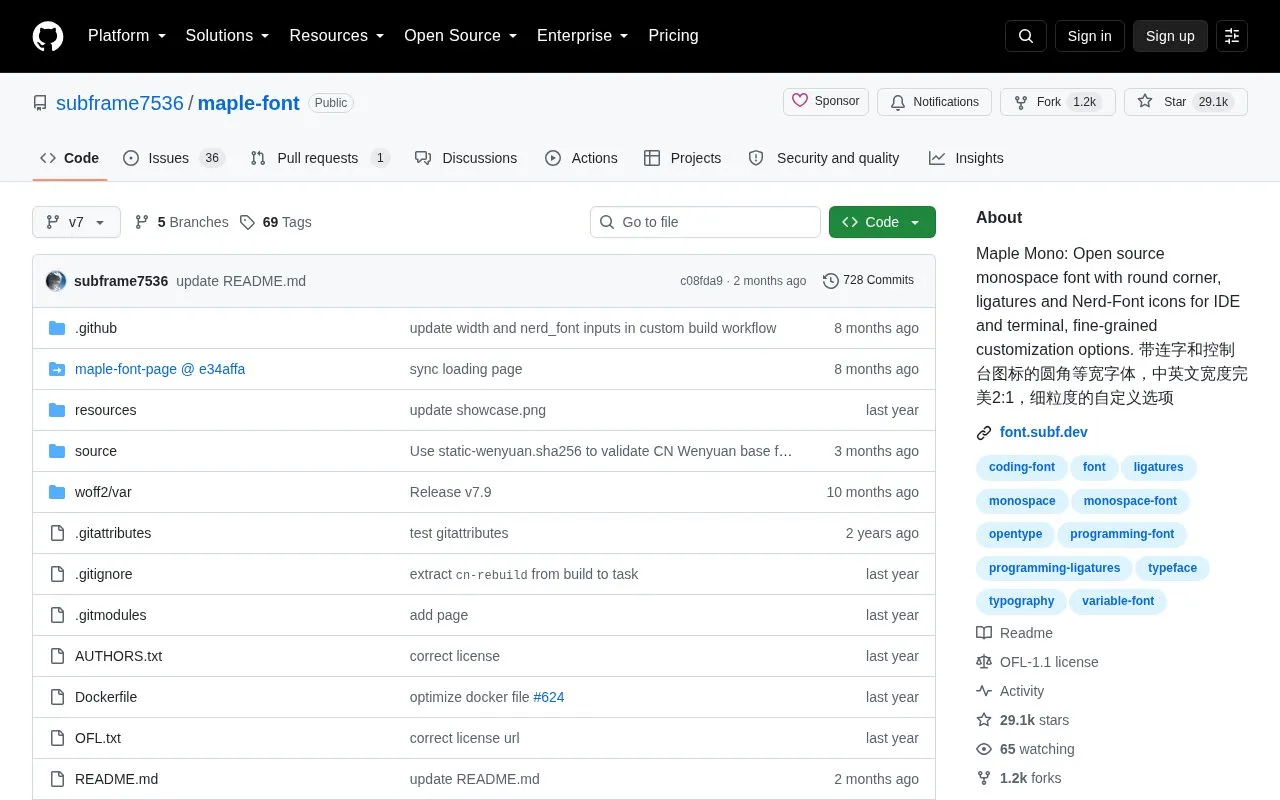 Maple Font homepage screenshot